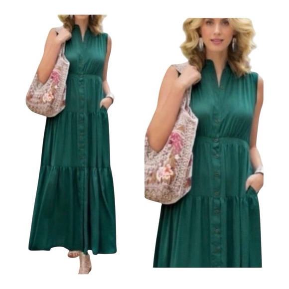 NWT! Soft Surroundings Emerald Green Satin Trieste Tiered Maxi Dress. Size Large - Picture 14 of 14